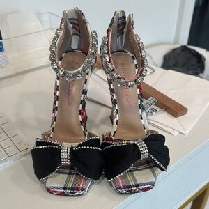 Betsey Johnson Plaid Heels with Black Bow and Rhinestones